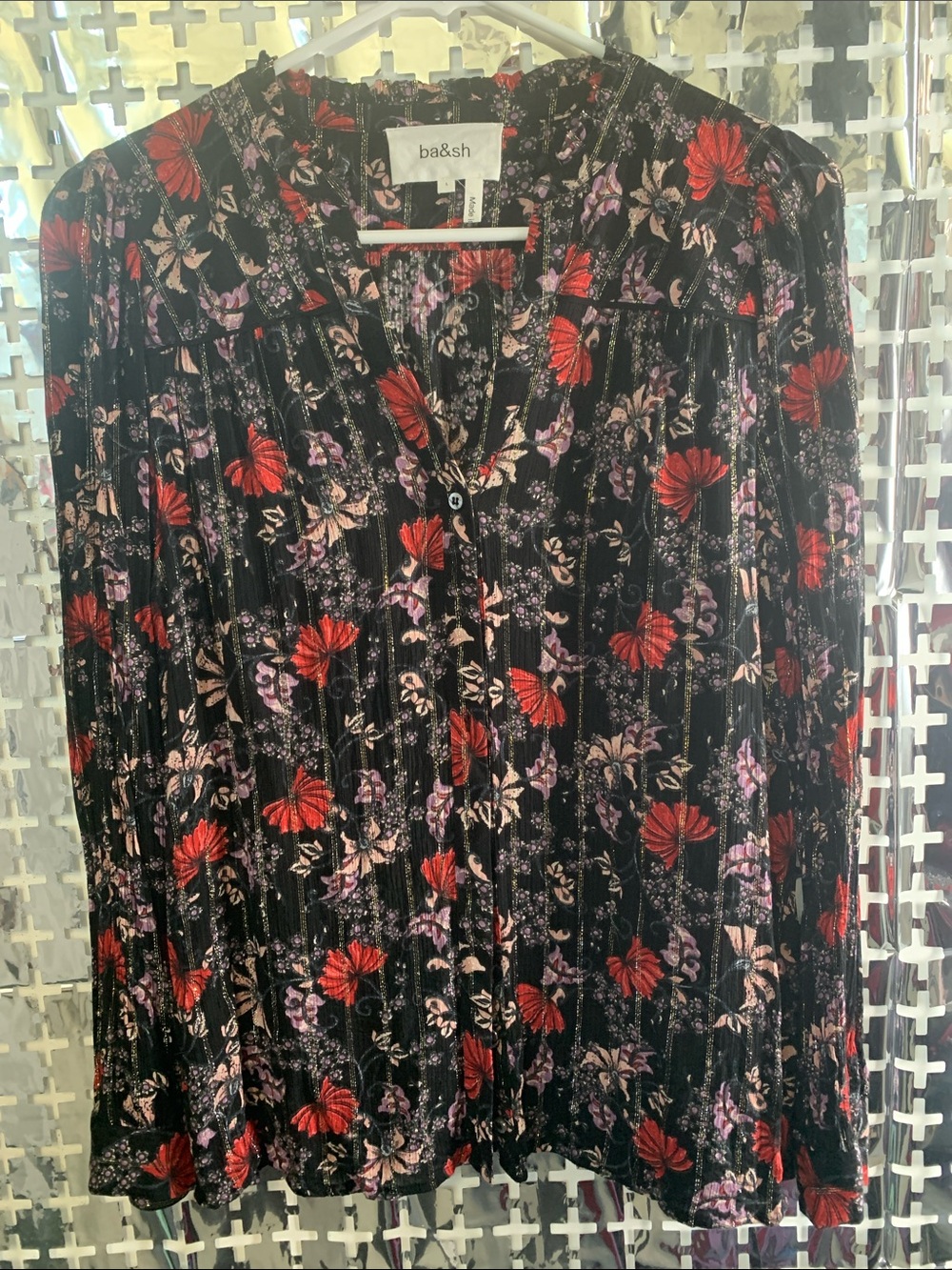 ba&sh Black Floral Button-Front Blouse with Red and Purple Flowers